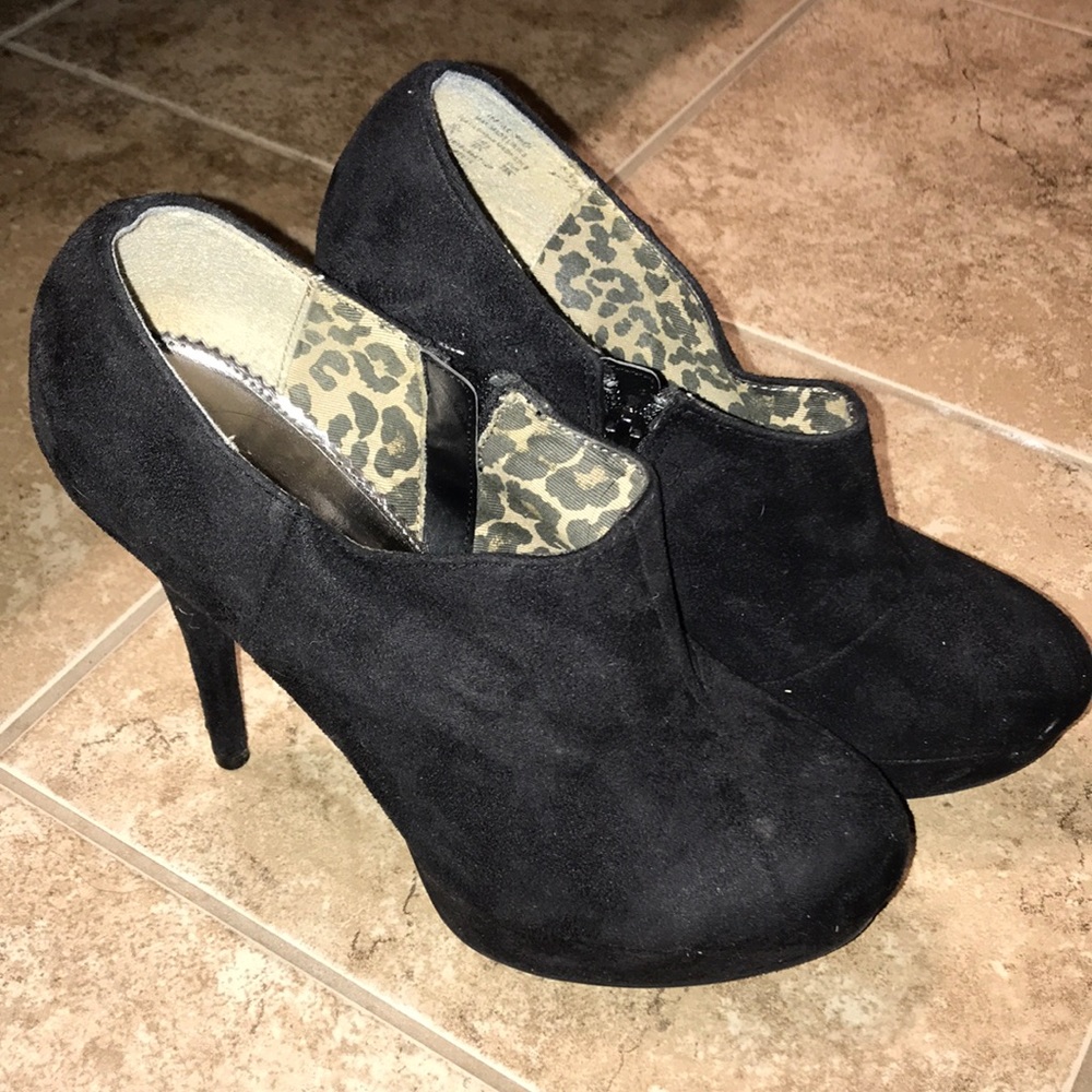 Black suede booty heels